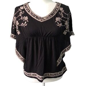 INC Black Embroidered Beaded Boho Flutter Sleeve Shirt Size Medium
